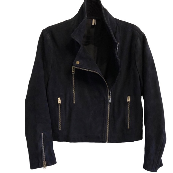 Topshop Jackets & Blazers - Navy Blue Topshop Suede Motorcycle Jacket